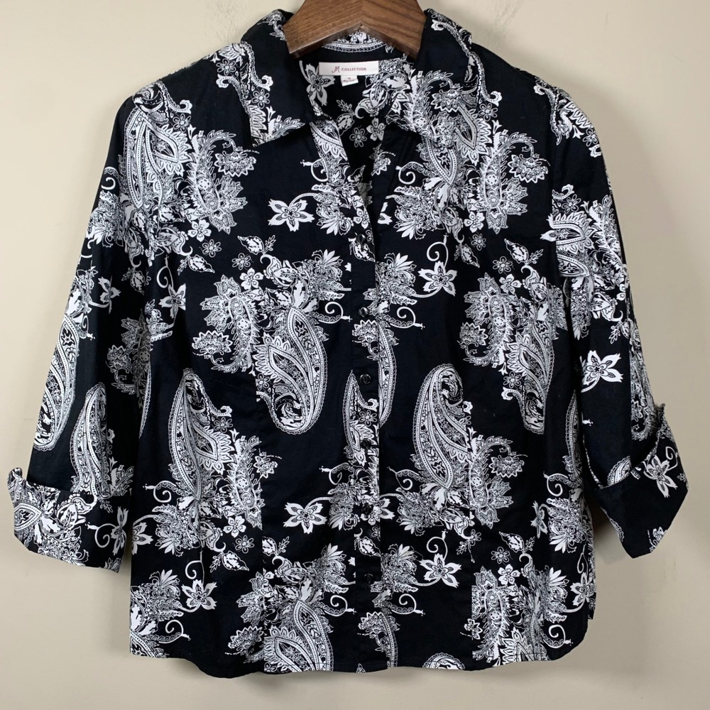 M. Collection Black/White Paisley Button Down Shirt Size 14